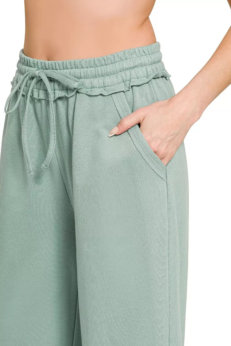 Zenana Exposed Seam French Terry Wide Leg Sweatpants - Ash Blue
