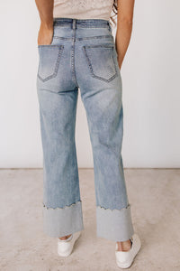 Ampersand 606 Denim - High Rise Medium Wash Wide Leg Scallop Edge Cuffed Jeans