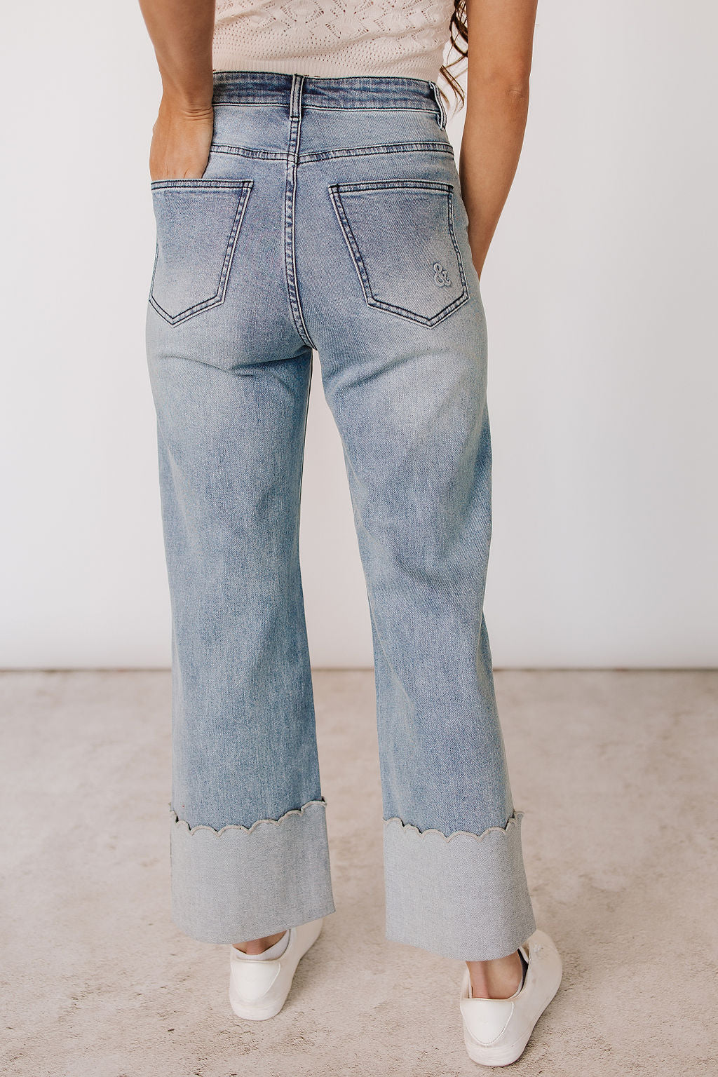 Ampersand 606 Denim - High Rise Medium Wash Wide Leg Scallop Edge Cuffed Jeans
