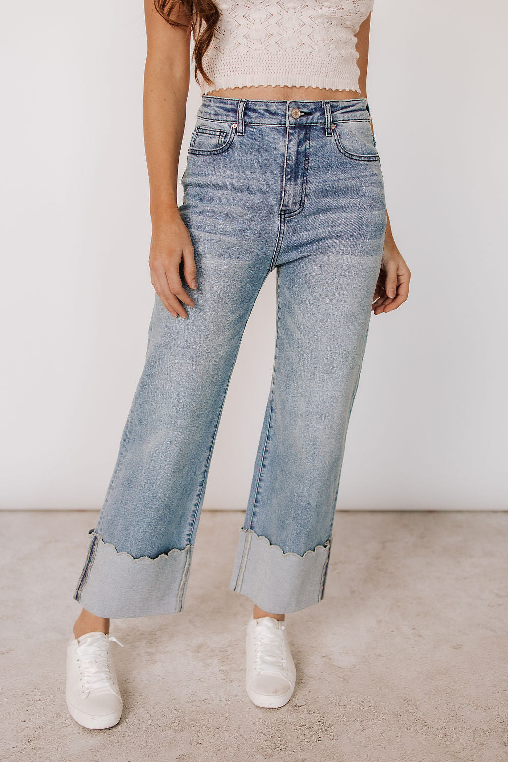 Ampersand 606 Denim - High Rise Medium Wash Wide Leg Scallop Edge Cuffed Jeans
