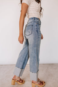 Ampersand 606 Denim - High Rise Medium Wash Wide Leg Scallop Edge Cuffed Jeans