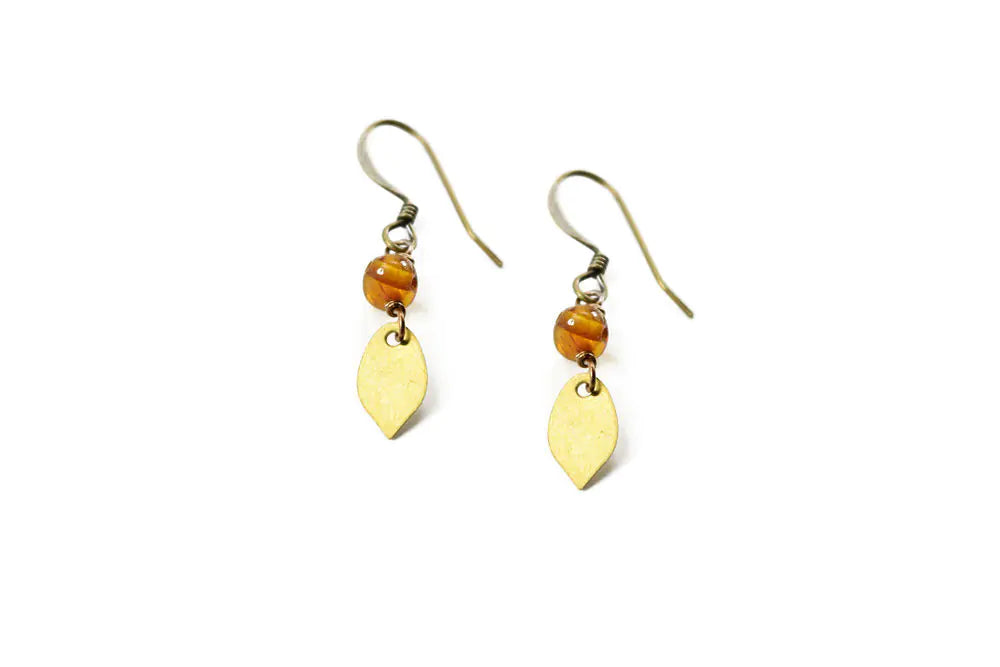 Dainty Honey Baltic Amber Leaf Earrings