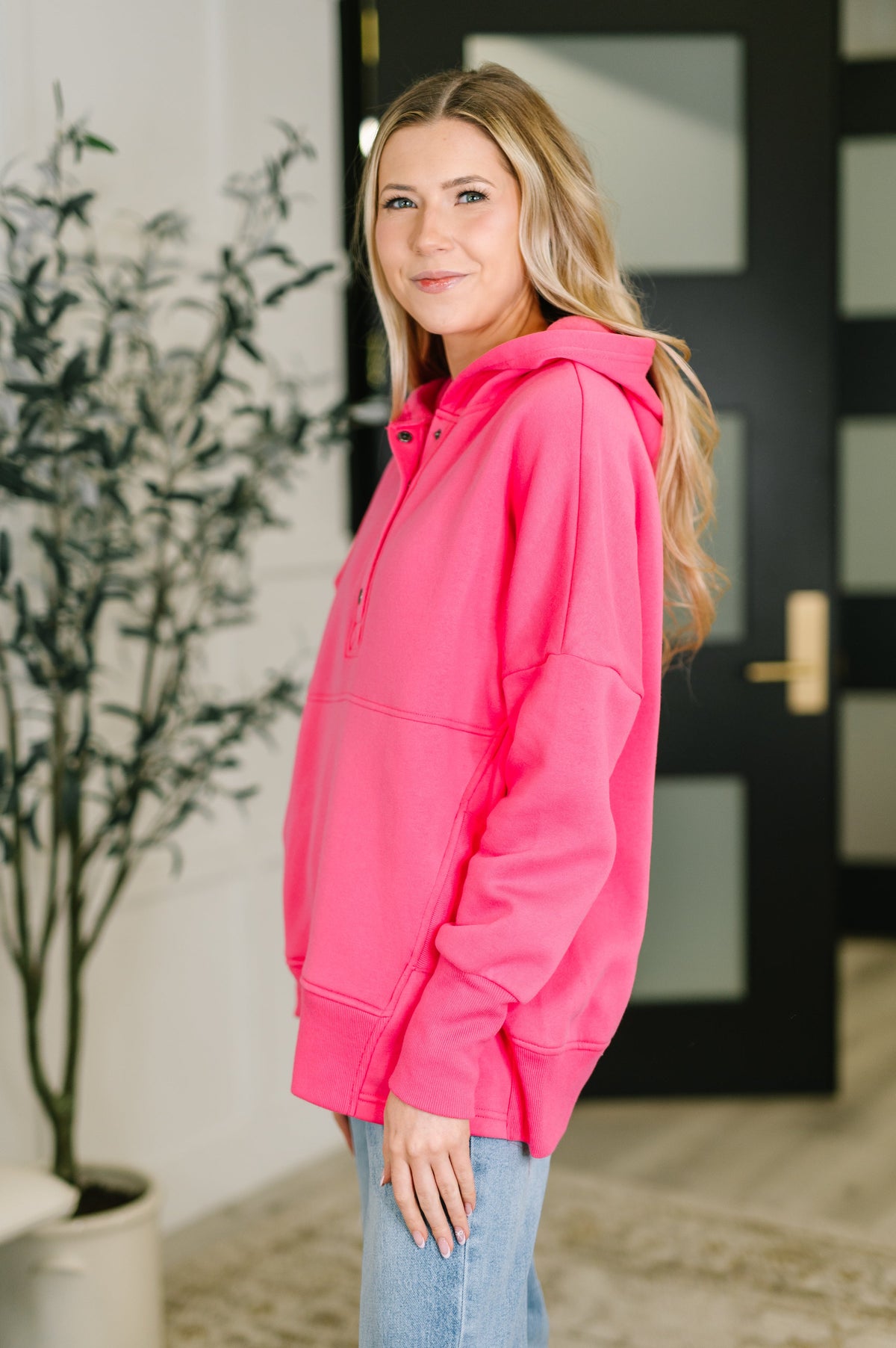 Zenana Snap Front Hooded Pullover in Fuchsia