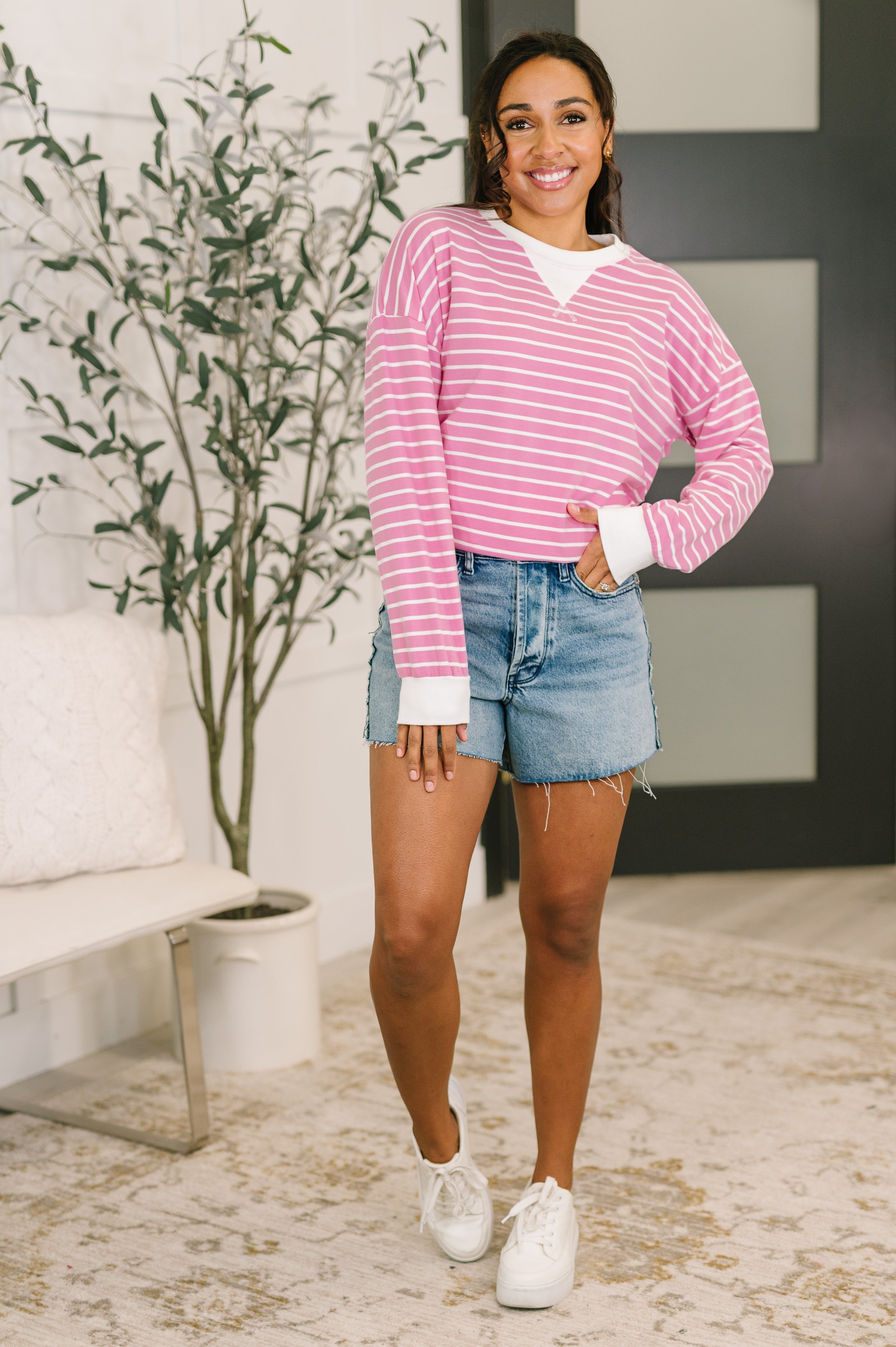 Zenana Striped Pullover in Candy Pink