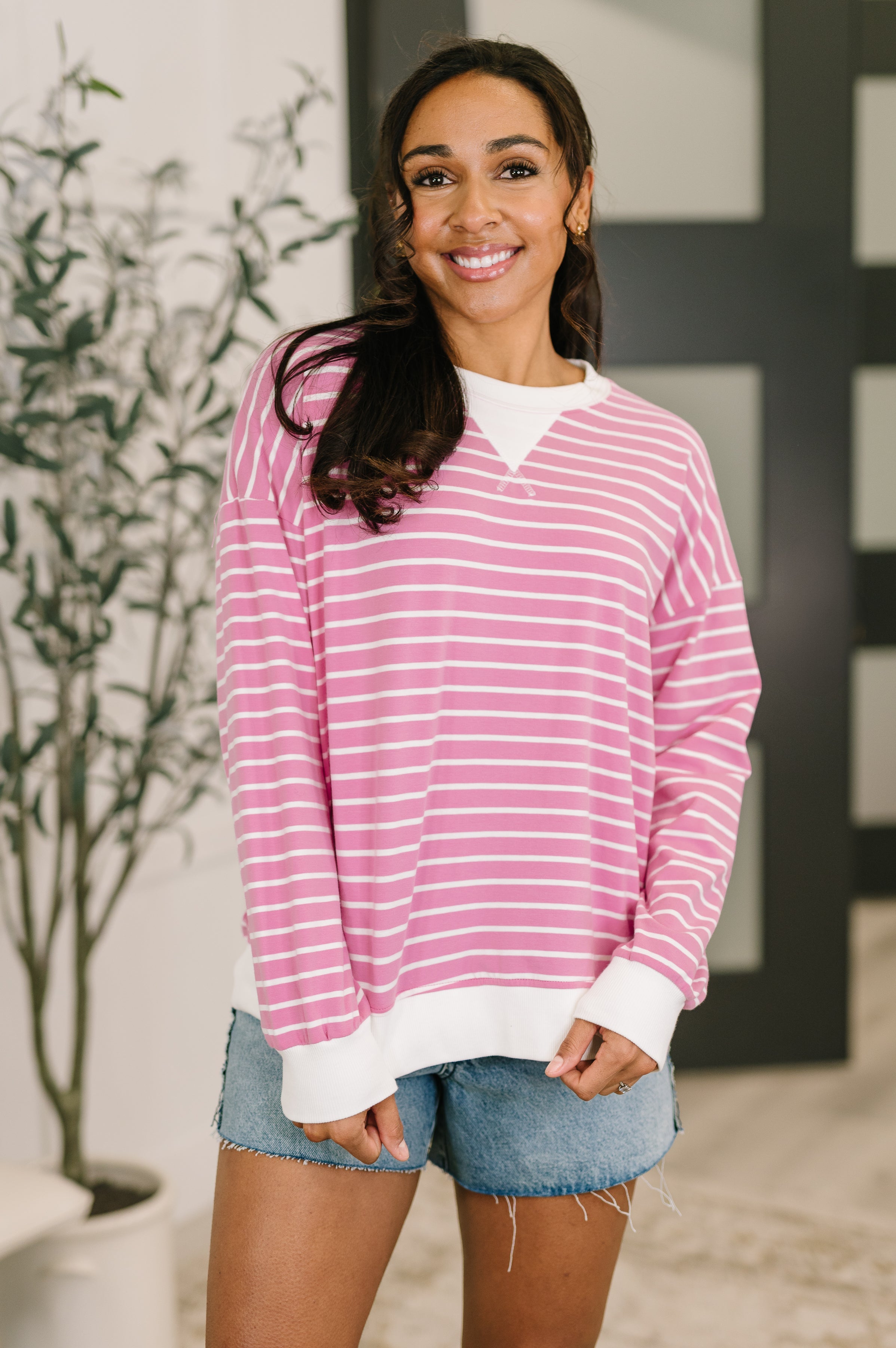 Zenana Striped Pullover in Candy Pink