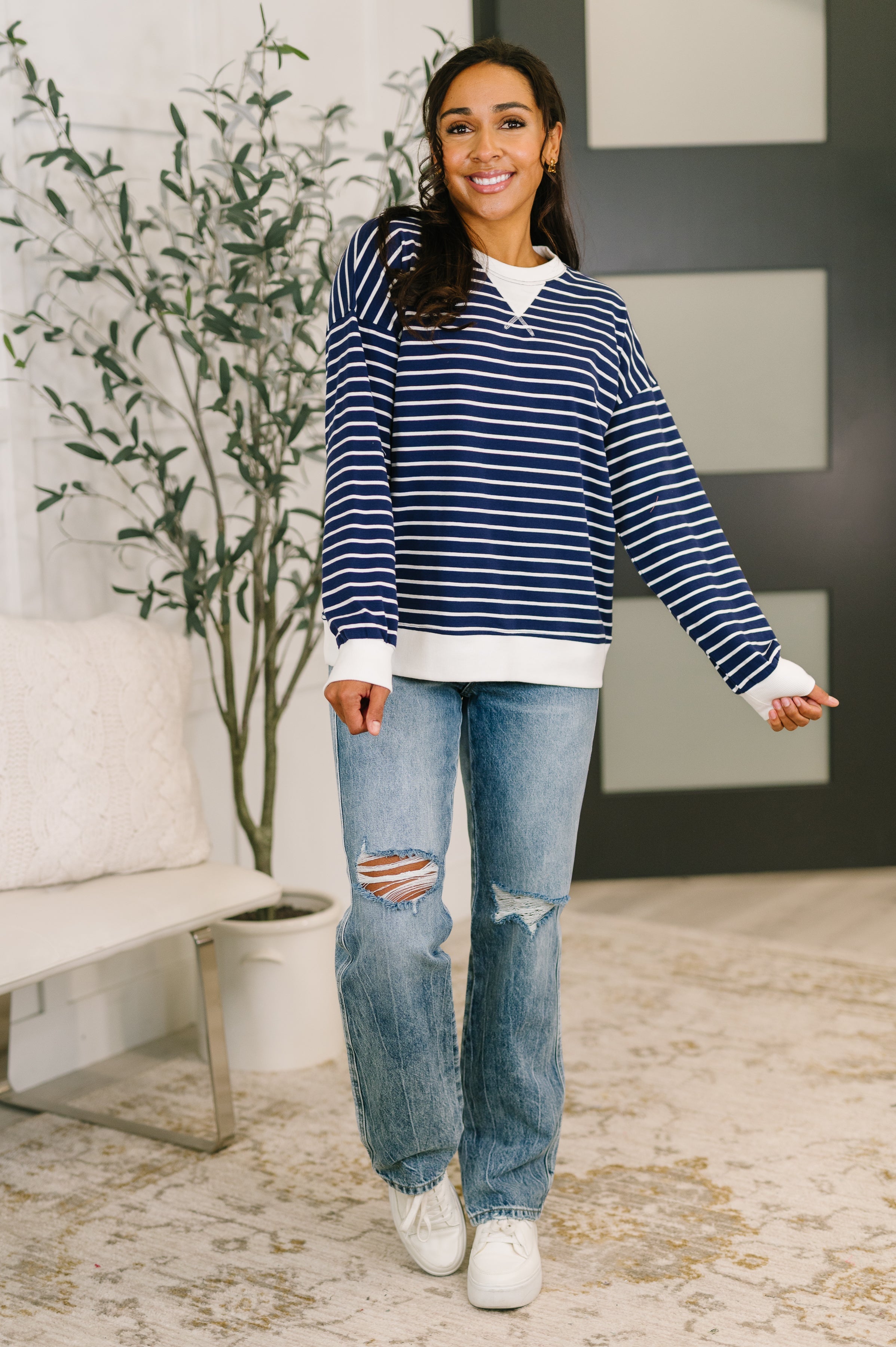 Zenana Striped Pullover in Navy