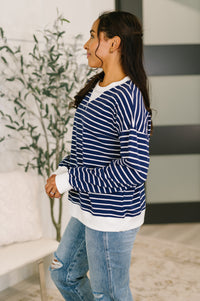 Zenana Striped Pullover in Navy