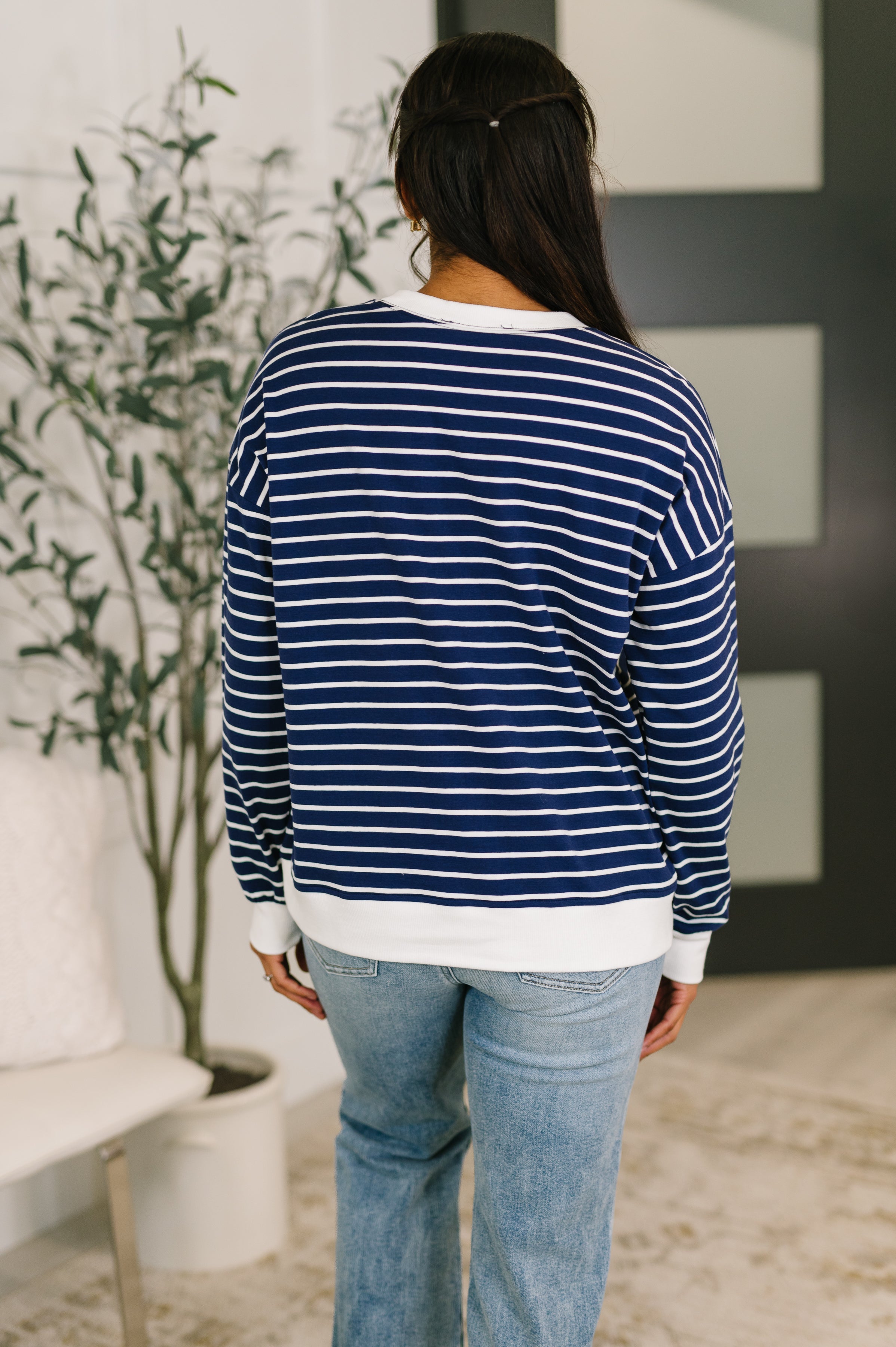 Zenana Striped Pullover in Navy