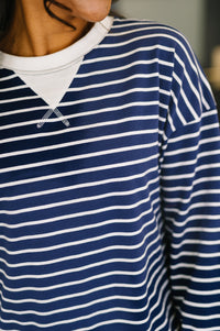 Zenana Striped Pullover in Navy