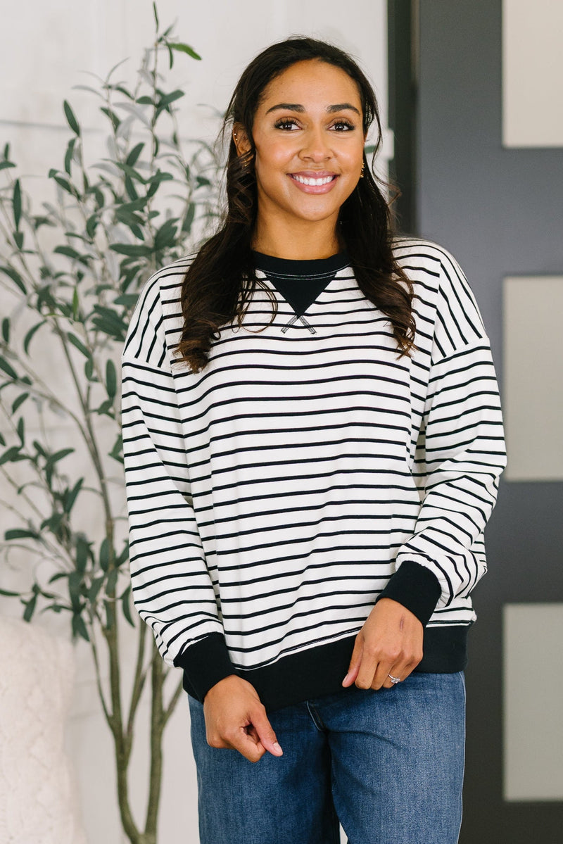 Zenana Striped Pullover in Black and White