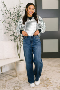 Zenana Striped Pullover in Black and White