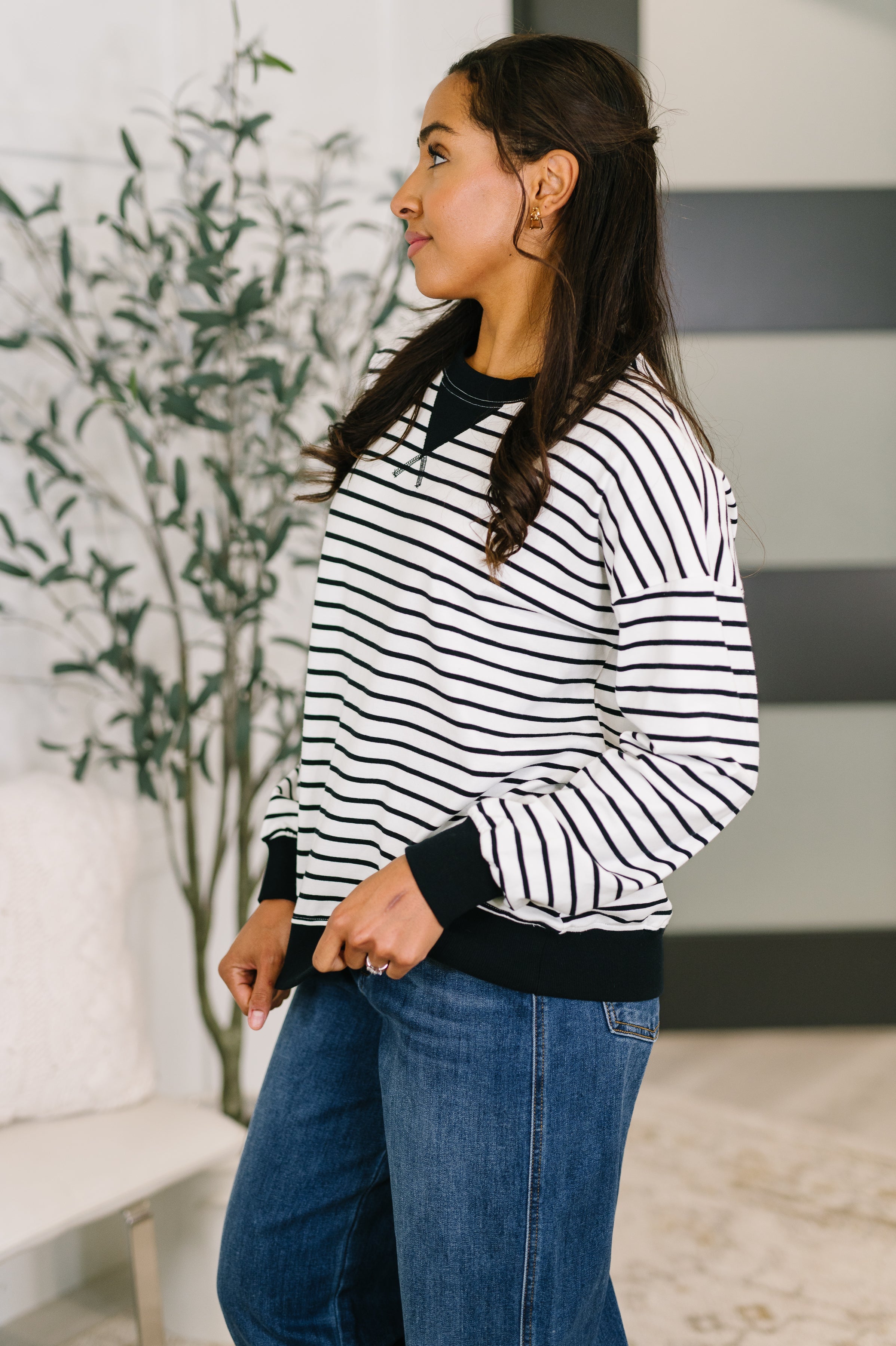 Zenana Striped Pullover in Black and White
