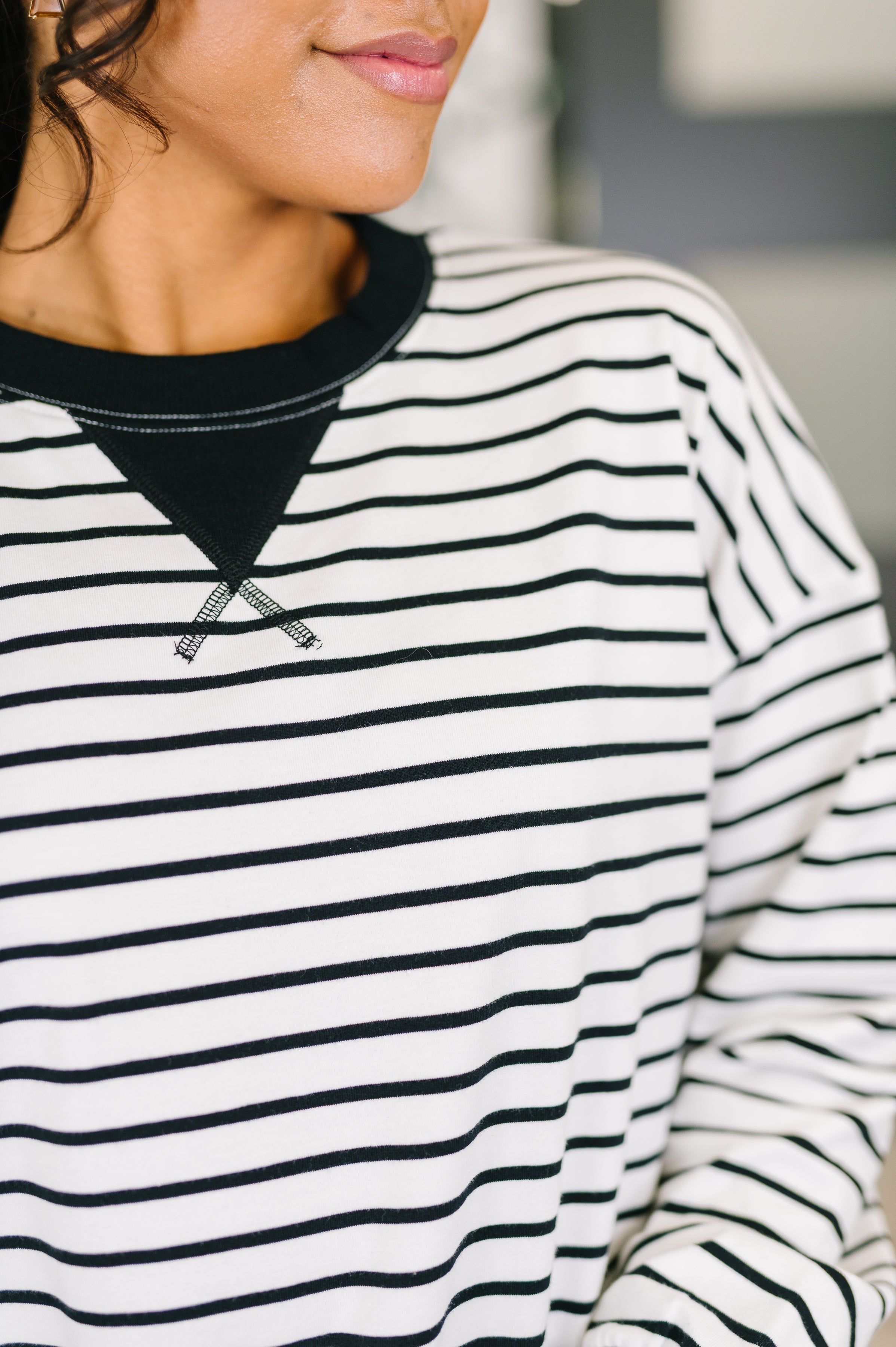 Zenana Striped Pullover in Black and White