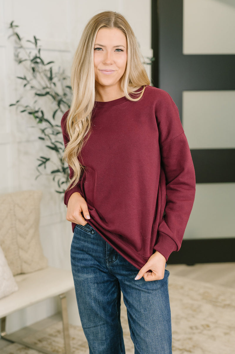 French Terry Drop Shoulder Pullover in Dark Burgundy