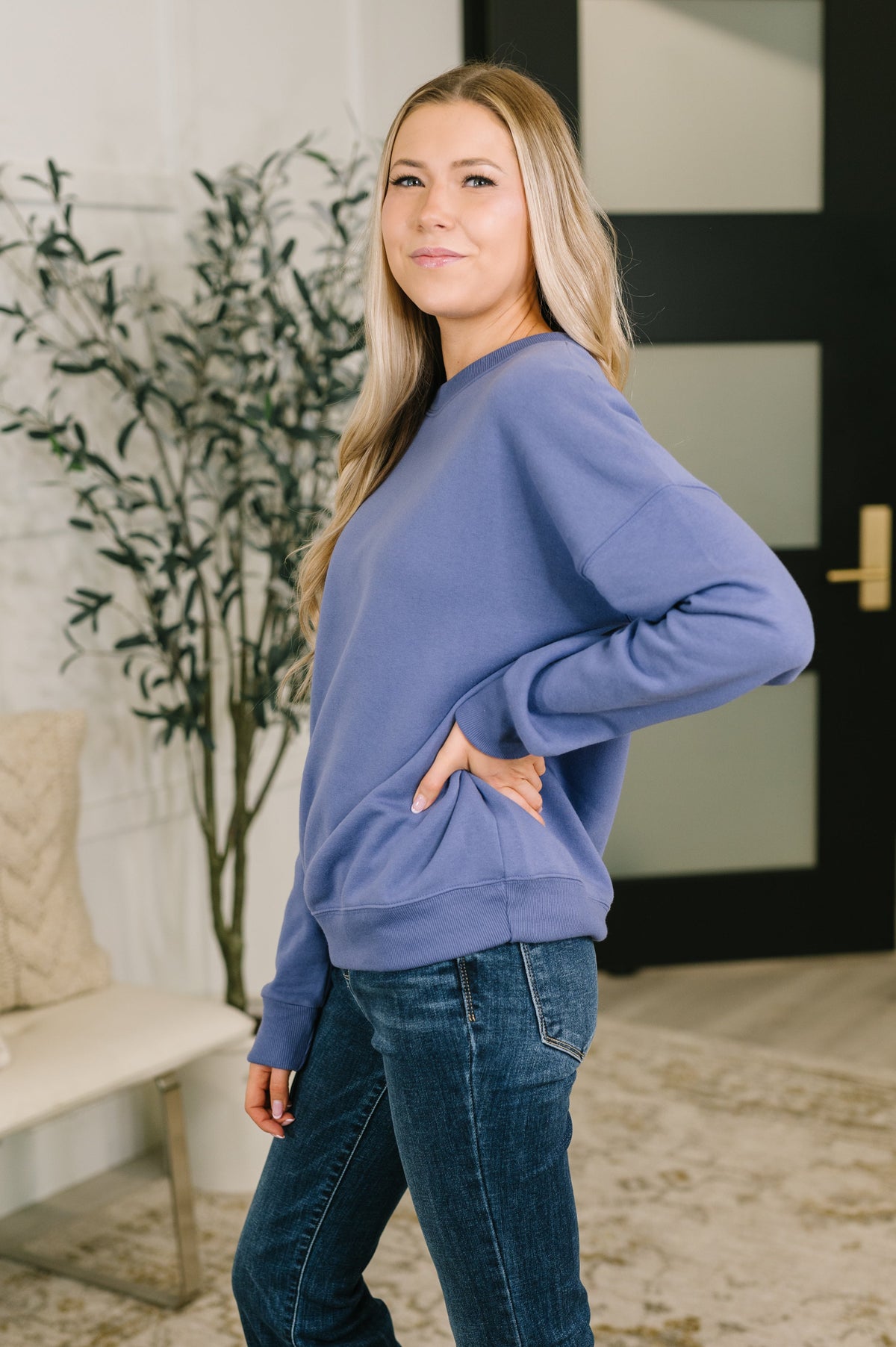 Zenana French Terry Drop Shoulder Pullover in Marlin Blue