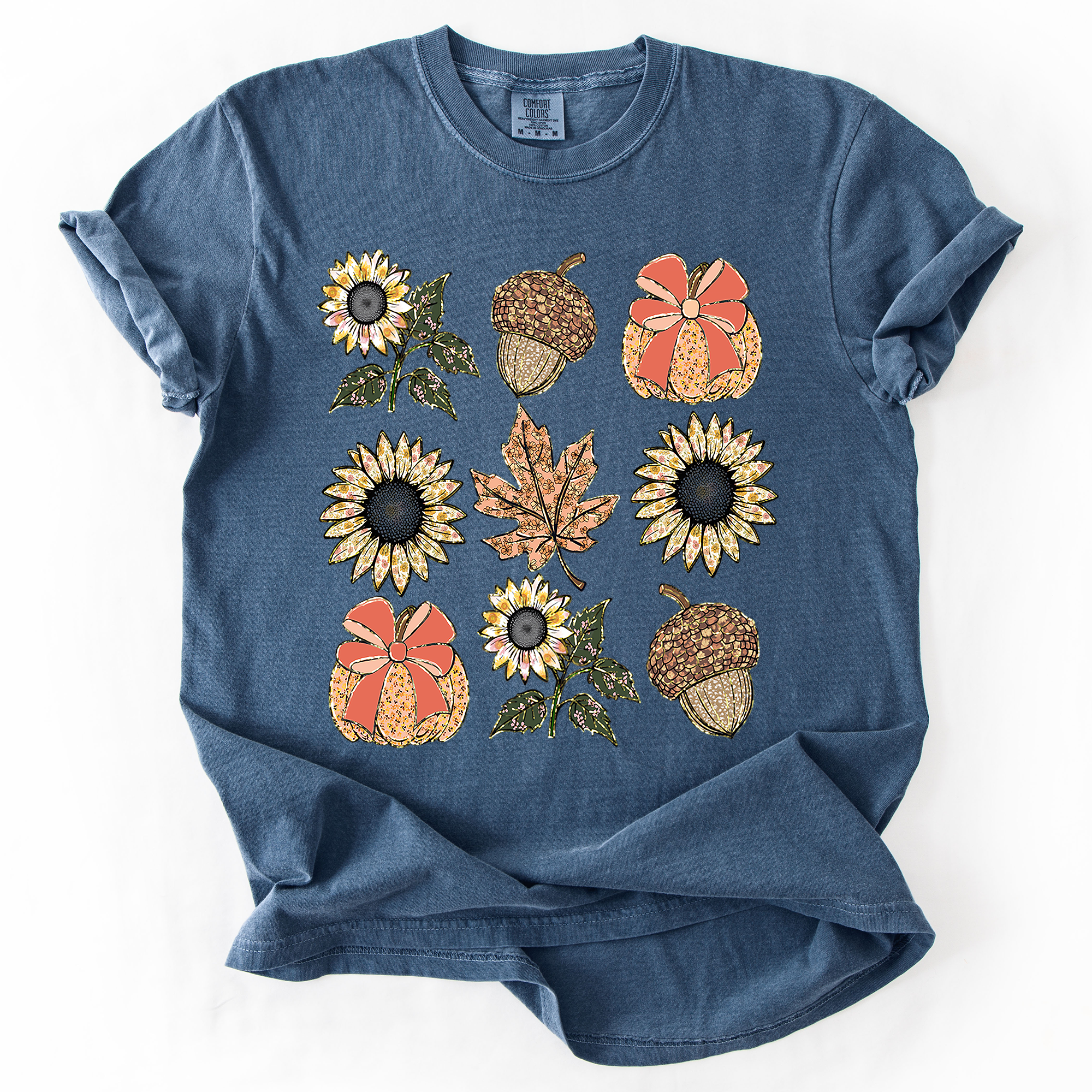 Autumn Sunflowers Comfort Colors Graphic T-Shirt Denim Blue