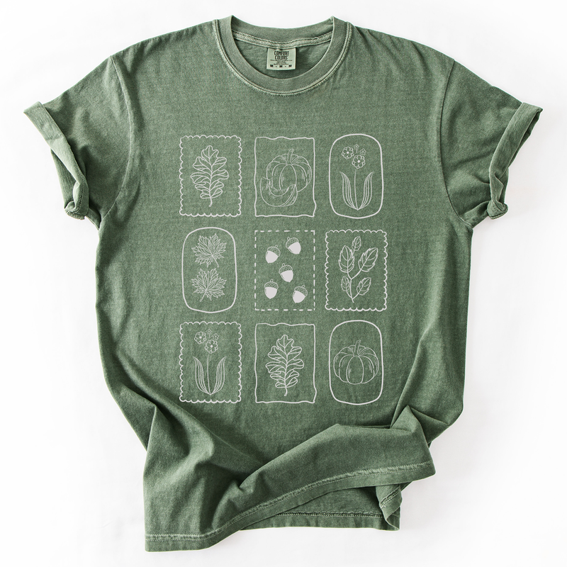 Minimalist Autumn Flowers Comfort Colors Graphic T-Shirt Moss Green