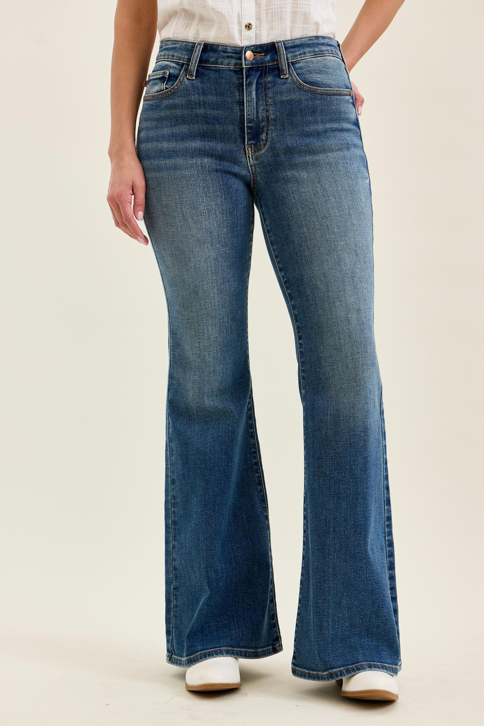 Judy Blue Mid Rise Jaqueline Flare Jeans with Embroidered Back Pockets