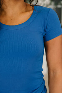 Ribbed Scoop Neck Tee in Classic Blue