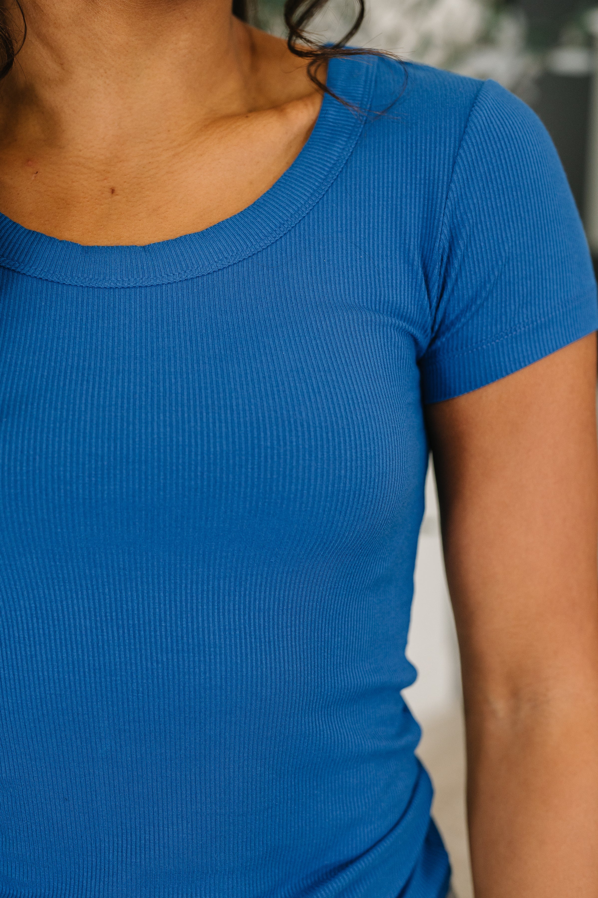 Ribbed Scoop Neck Tee in Classic Blue
