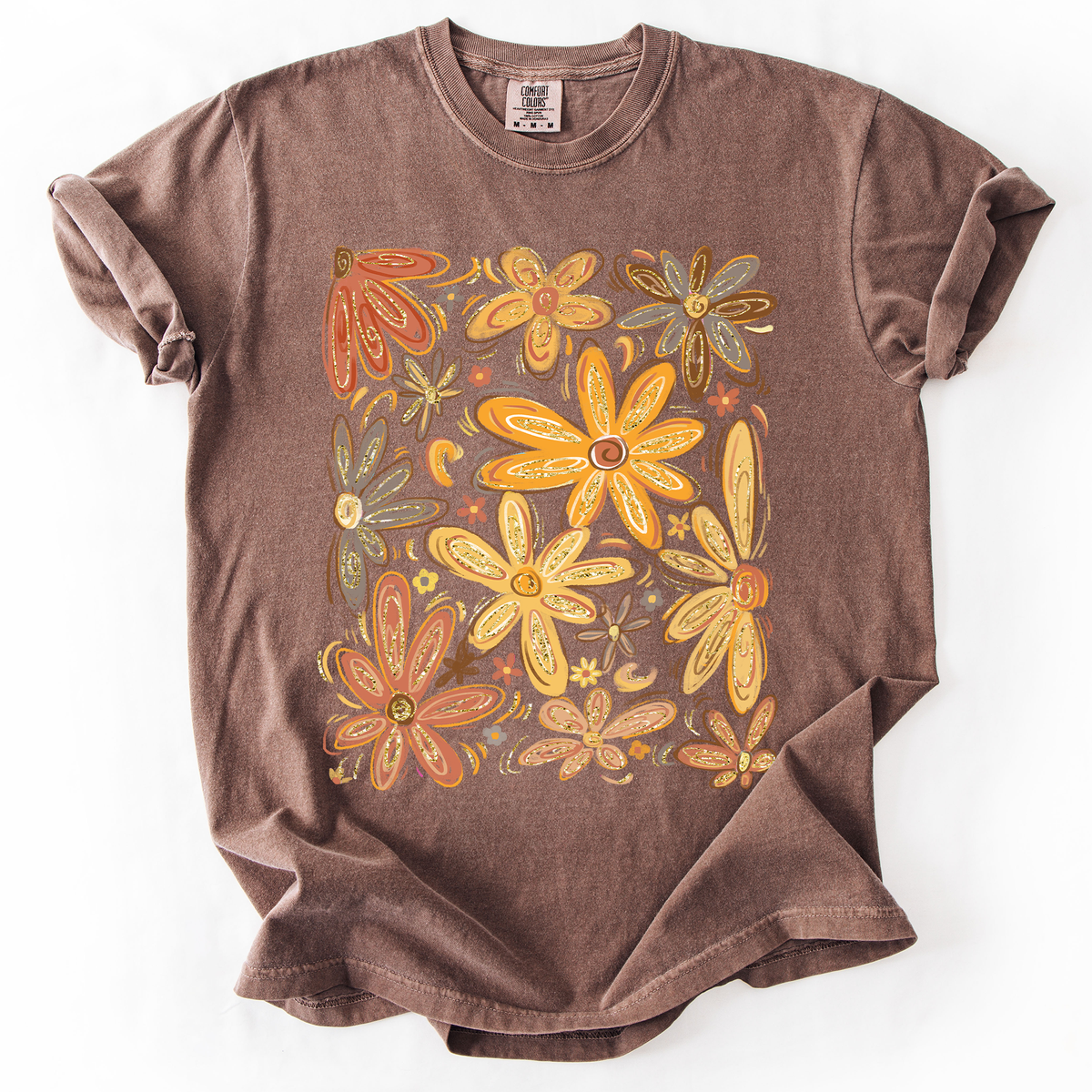 Hand Drawn Autumn Flowers Comfort Colors Graphic T-Shirt Brown