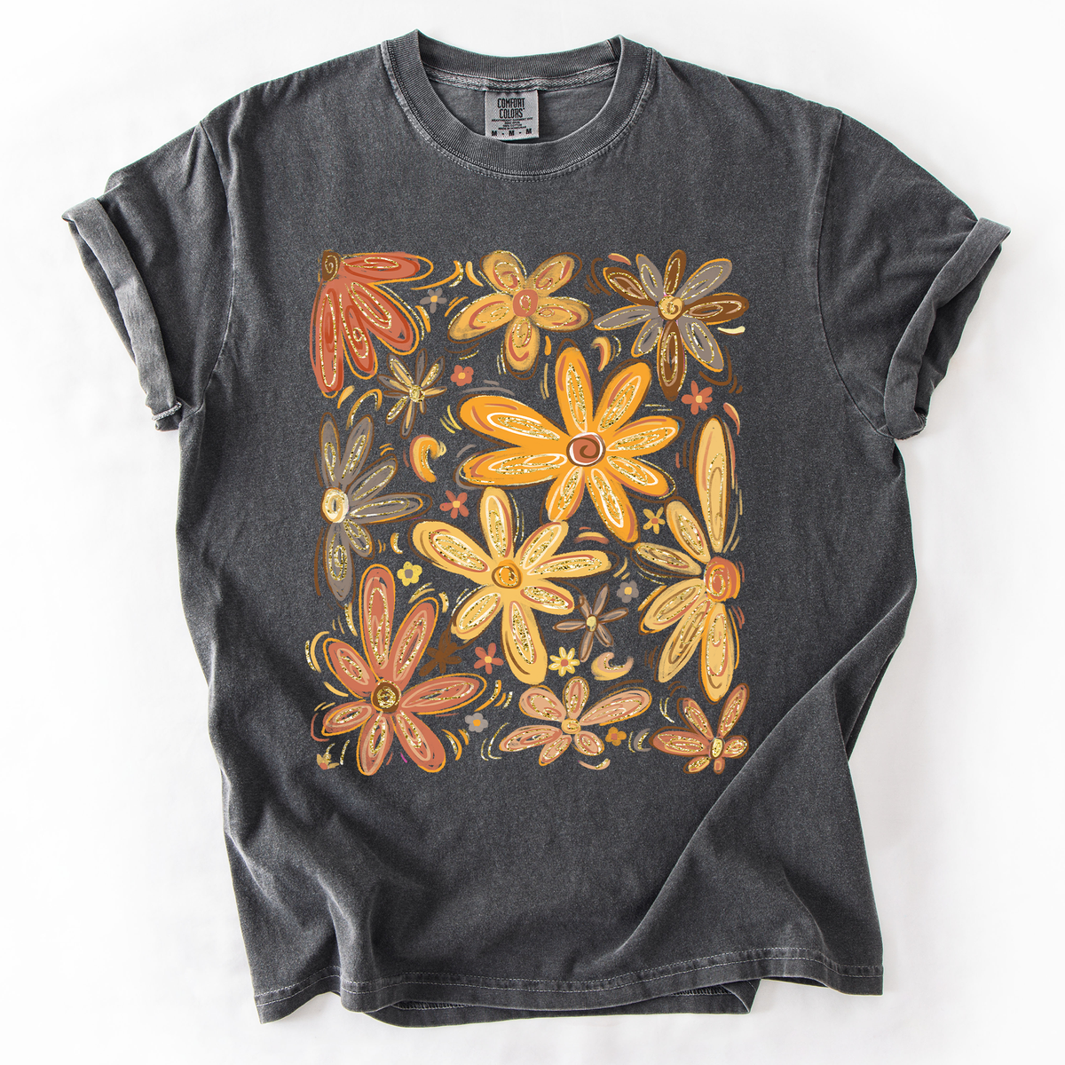 Hand Drawn Autumn Flowers Comfort Colors Graphic T-Shirt Pepper Dark Gray