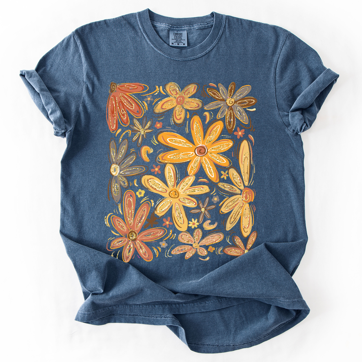 Hand Drawn Autumn Flowers Comfort Colors Graphic T-Shirt Denim Blue