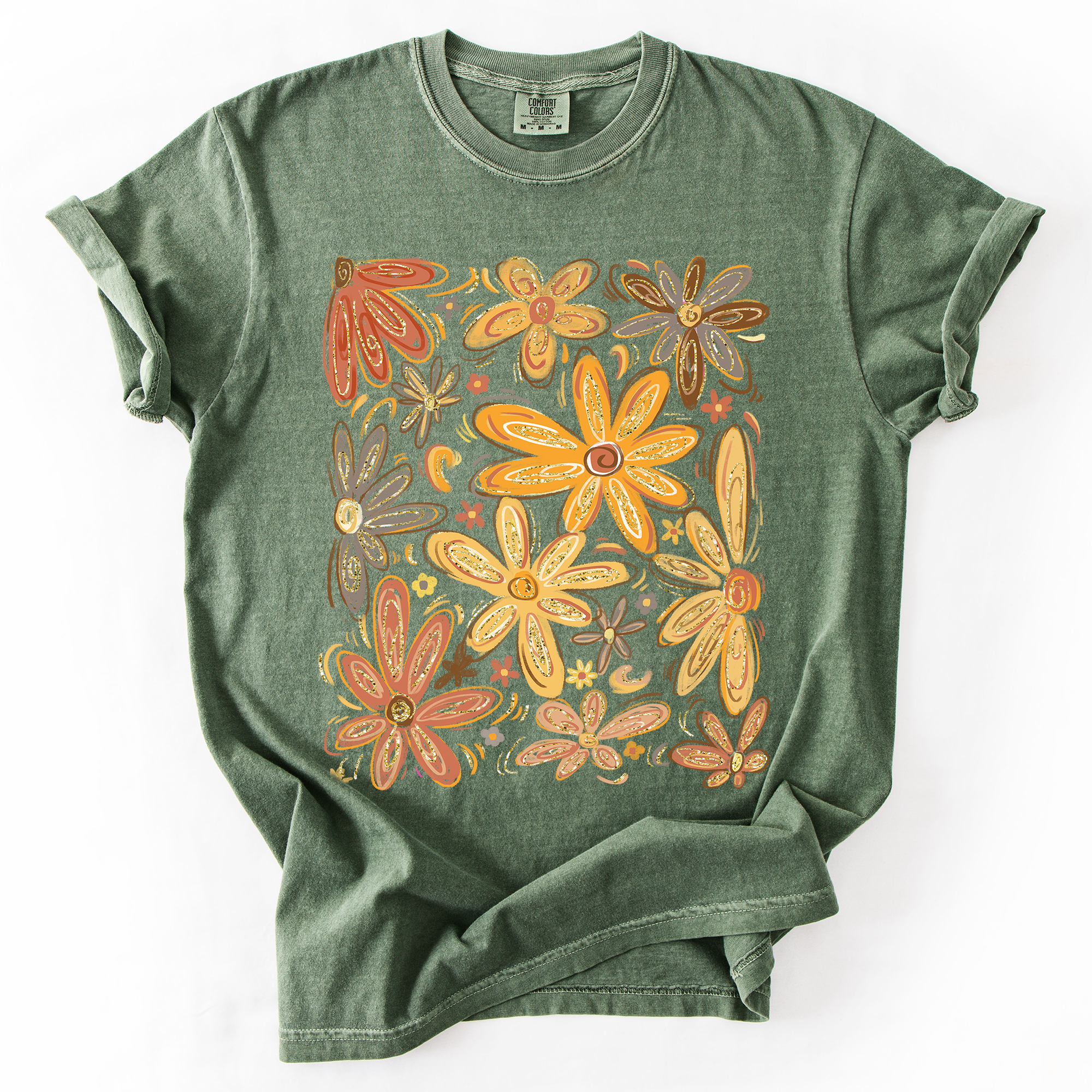 Hand Drawn Autumn Flowers Comfort Colors Graphic T-Shirt Moss Green