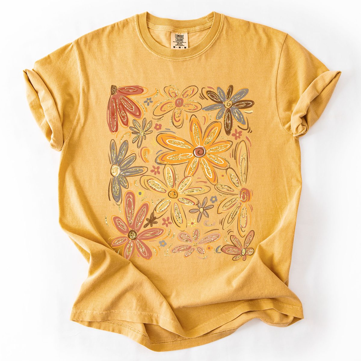 Hand Drawn Autumn Flowers Comfort Colors Graphic T-Shirt Mustard