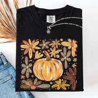 Watercolor Pumpkin Autumn Flowers Comfort Colors Graphic T-Shirt Black