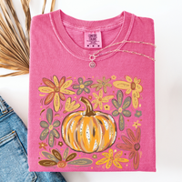 Watercolor Pumpkin Autumn Flowers Comfort Colors Graphic T-Shirt Pink