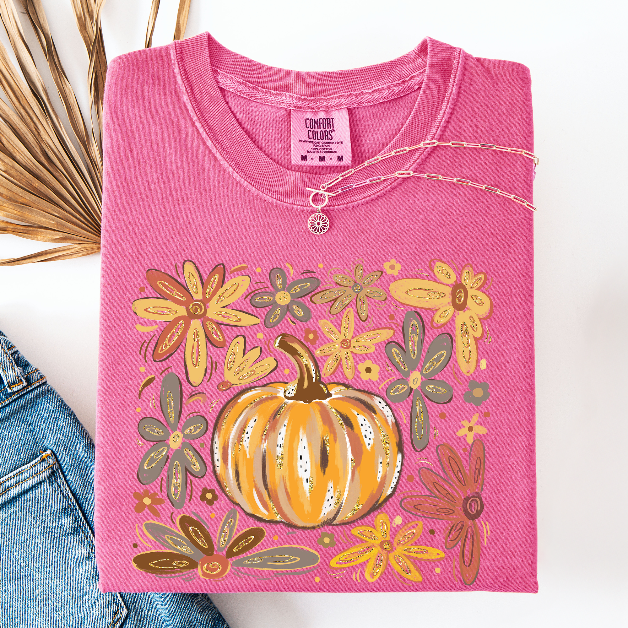 Watercolor Pumpkin Autumn Flowers Comfort Colors Graphic T-Shirt Pink