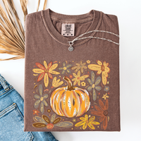 Watercolor Pumpkin Autumn Flowers Comfort Colors Graphic T-Shirt Brown