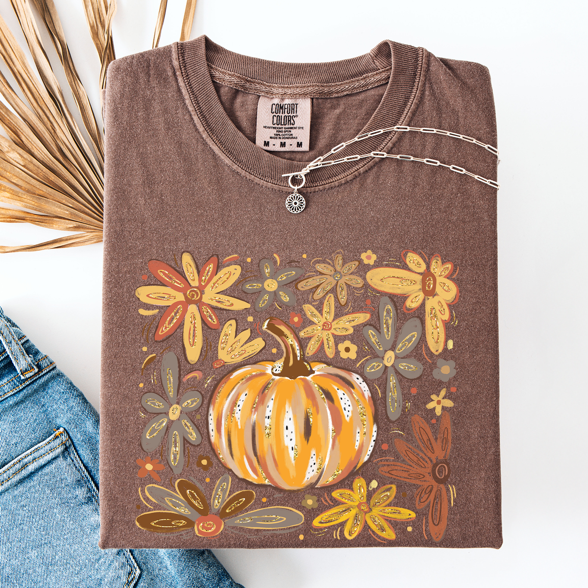 Watercolor Pumpkin Autumn Flowers Comfort Colors Graphic T-Shirt Brown