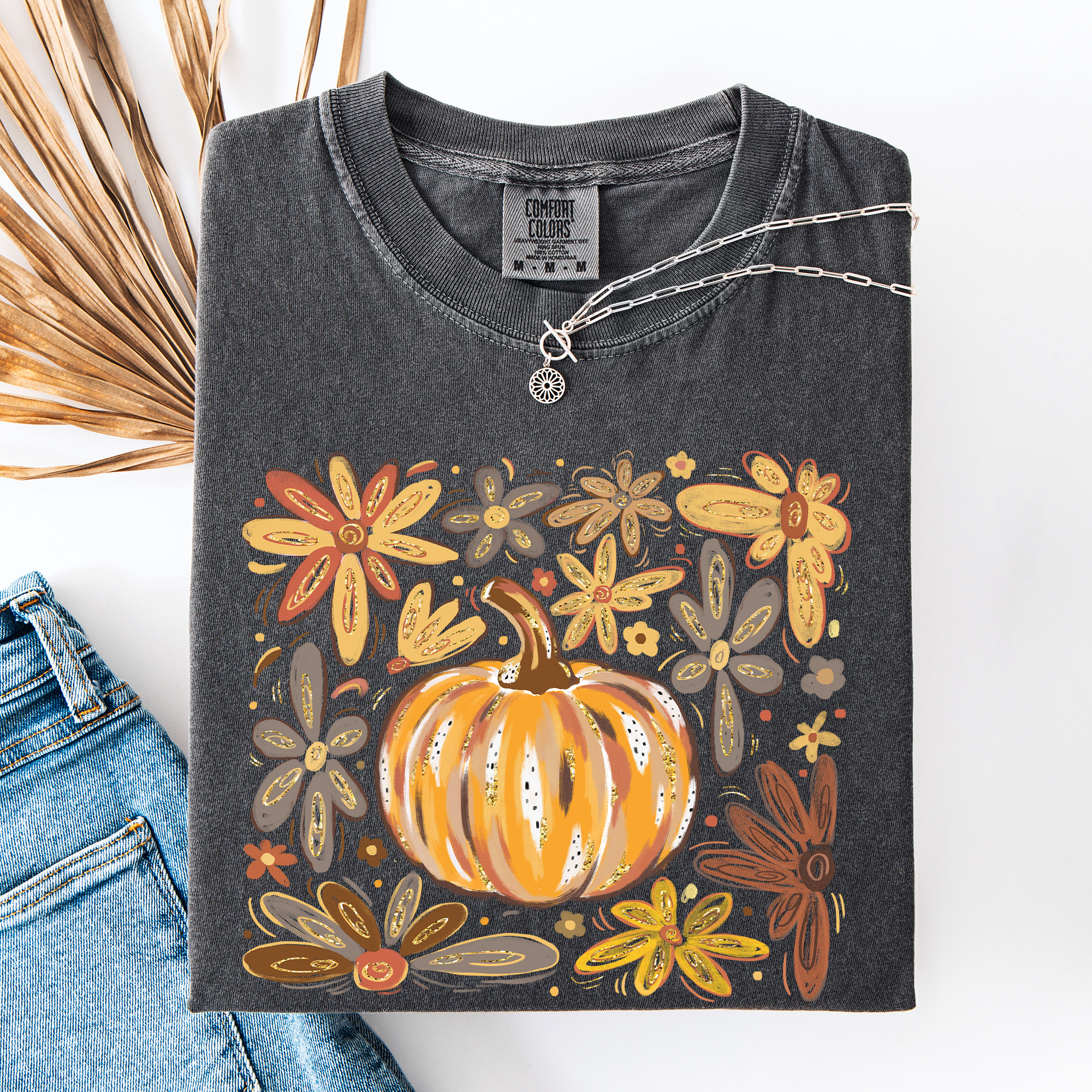 Watercolor Pumpkin Autumn Flowers Comfort Colors Graphic T-Shirt Pepper