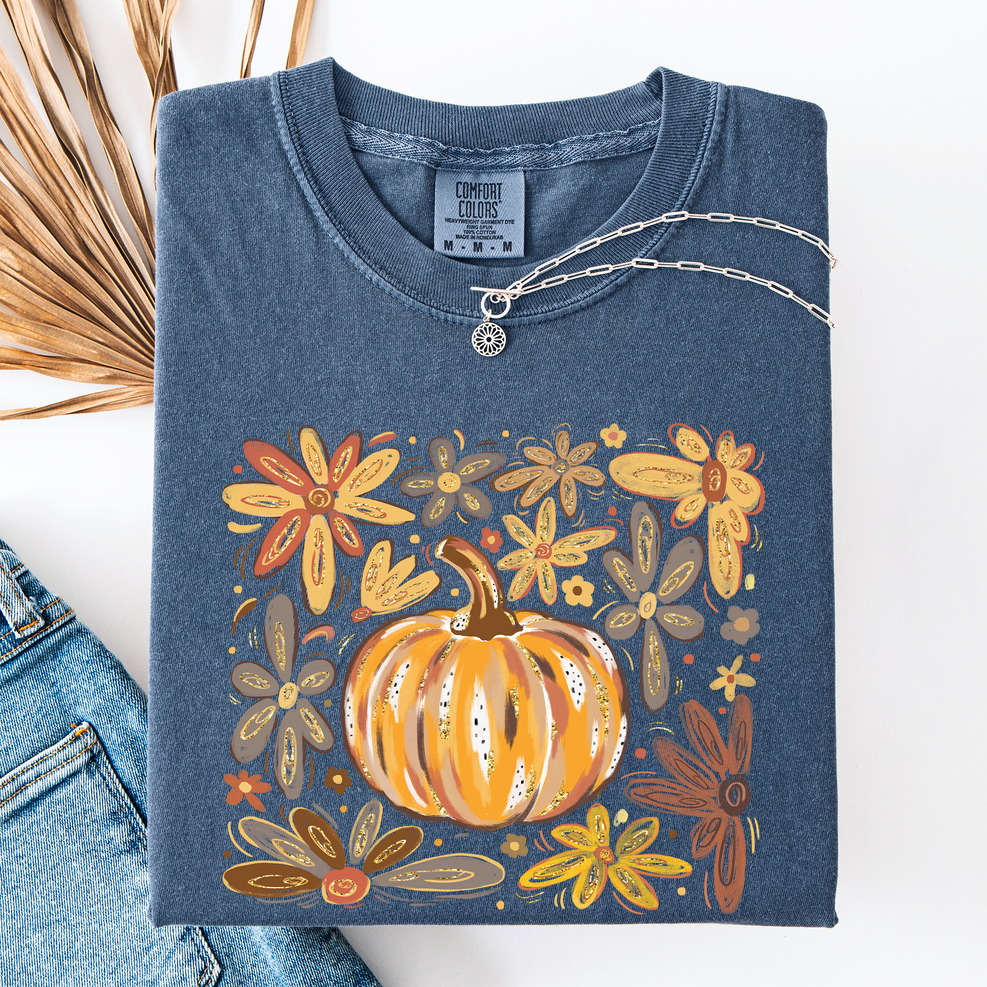 Watercolor Pumpkin Autumn Flowers Comfort Colors Graphic T-Shirt Denim Blue