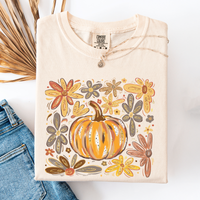 Watercolor Pumpkin Autumn Flowers Comfort Colors Graphic T-Shirt Ivory