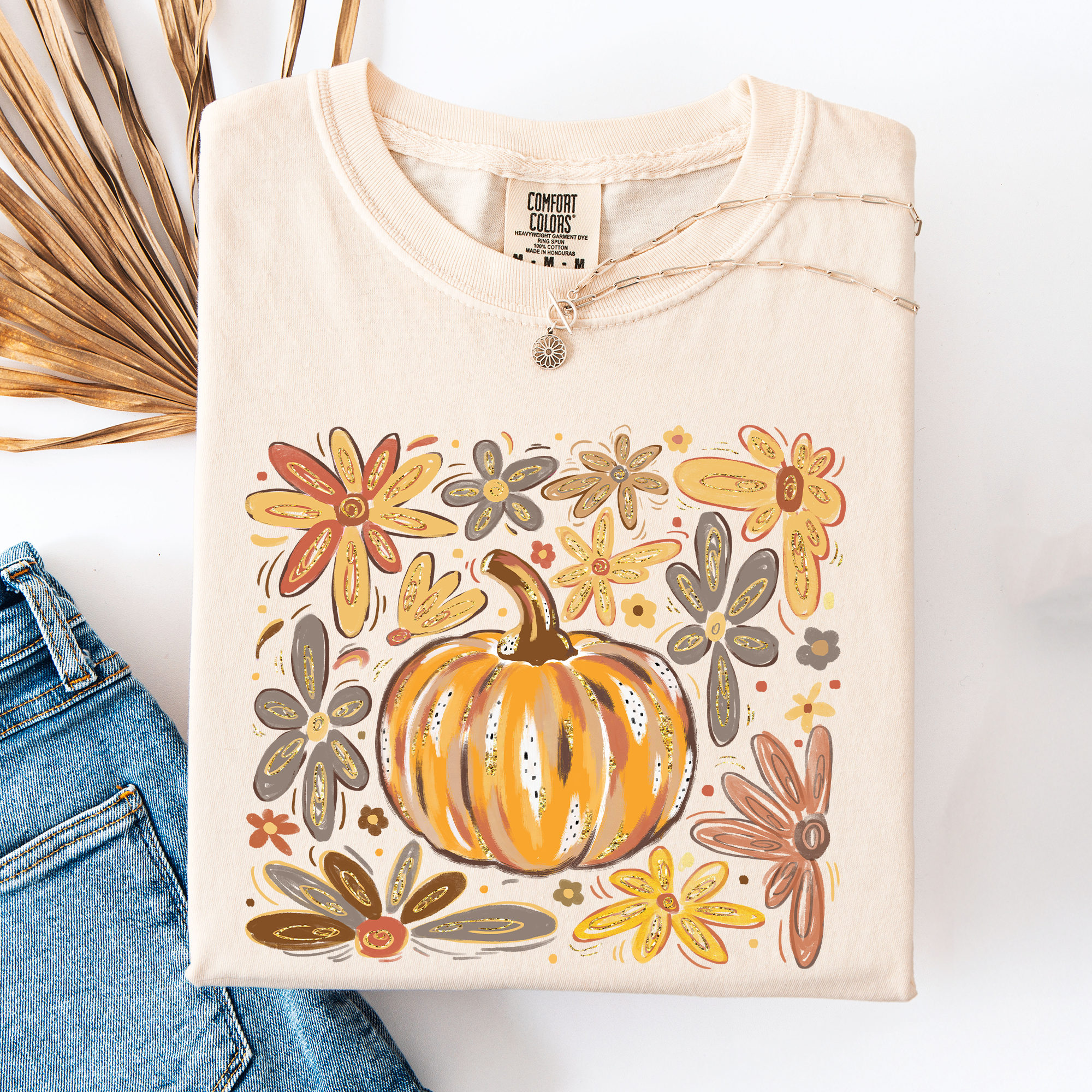 Watercolor Pumpkin Autumn Flowers Comfort Colors Graphic T-Shirt Ivory