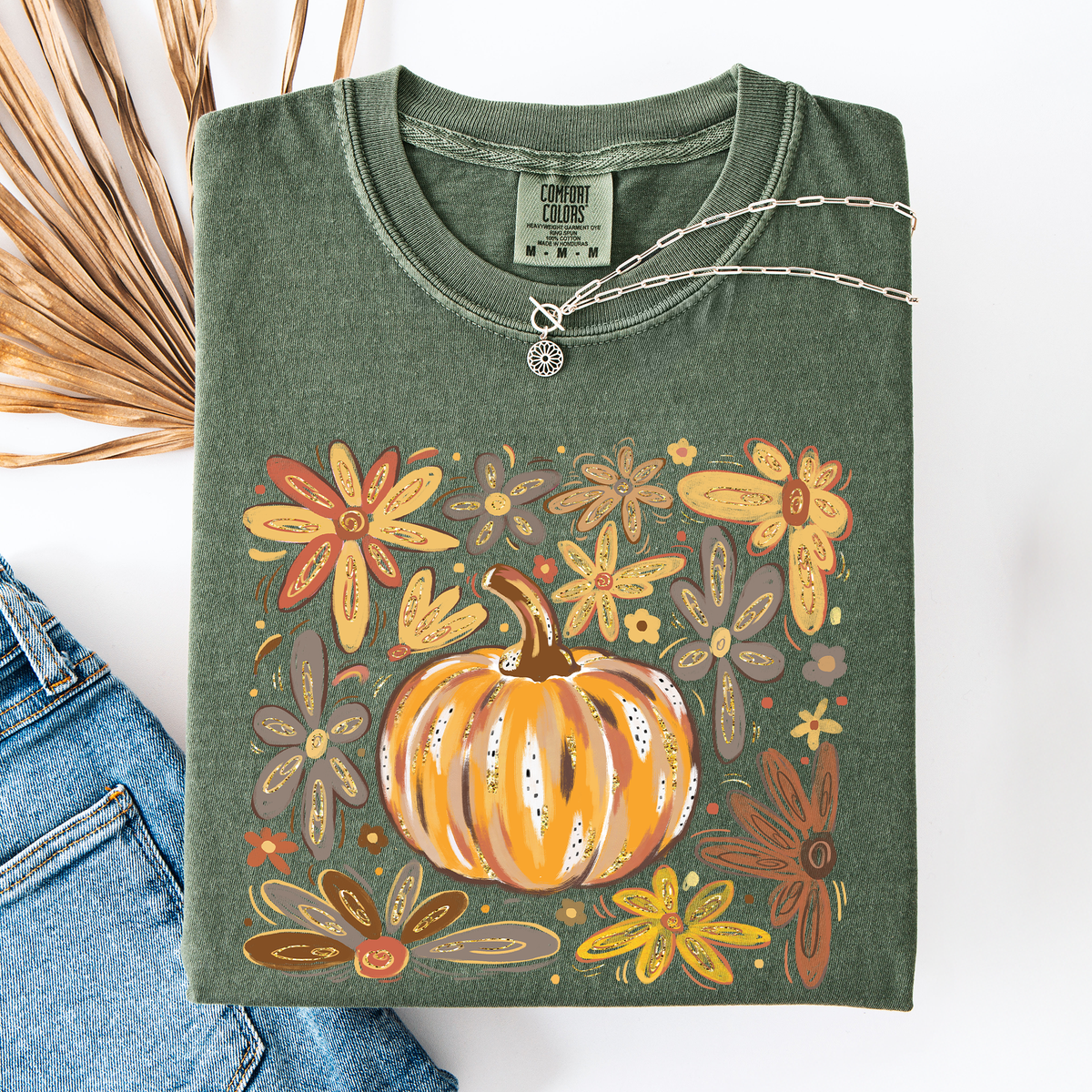 Watercolor Pumpkin Autumn Flowers Comfort Colors Graphic T-Shirt Moss Green