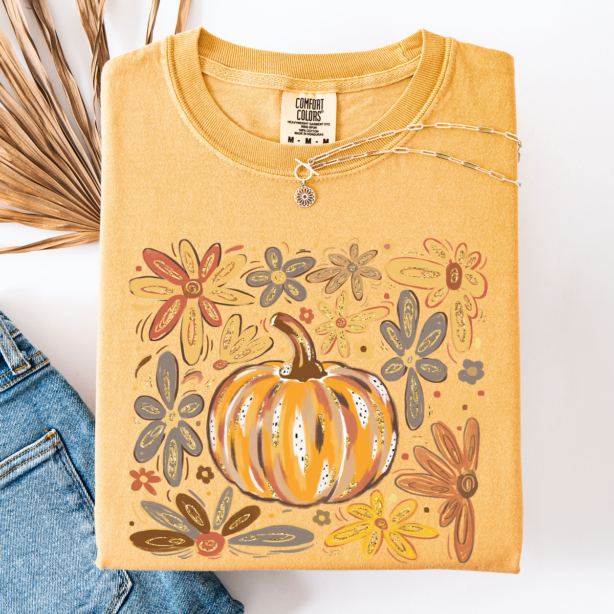 Watercolor Pumpkin Autumn Flowers Comfort Colors Graphic T-Shirt Mustard