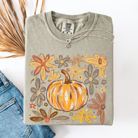 Watercolor Pumpkin Autumn Flowers Comfort Colors Graphic T-Shirt Sandstone