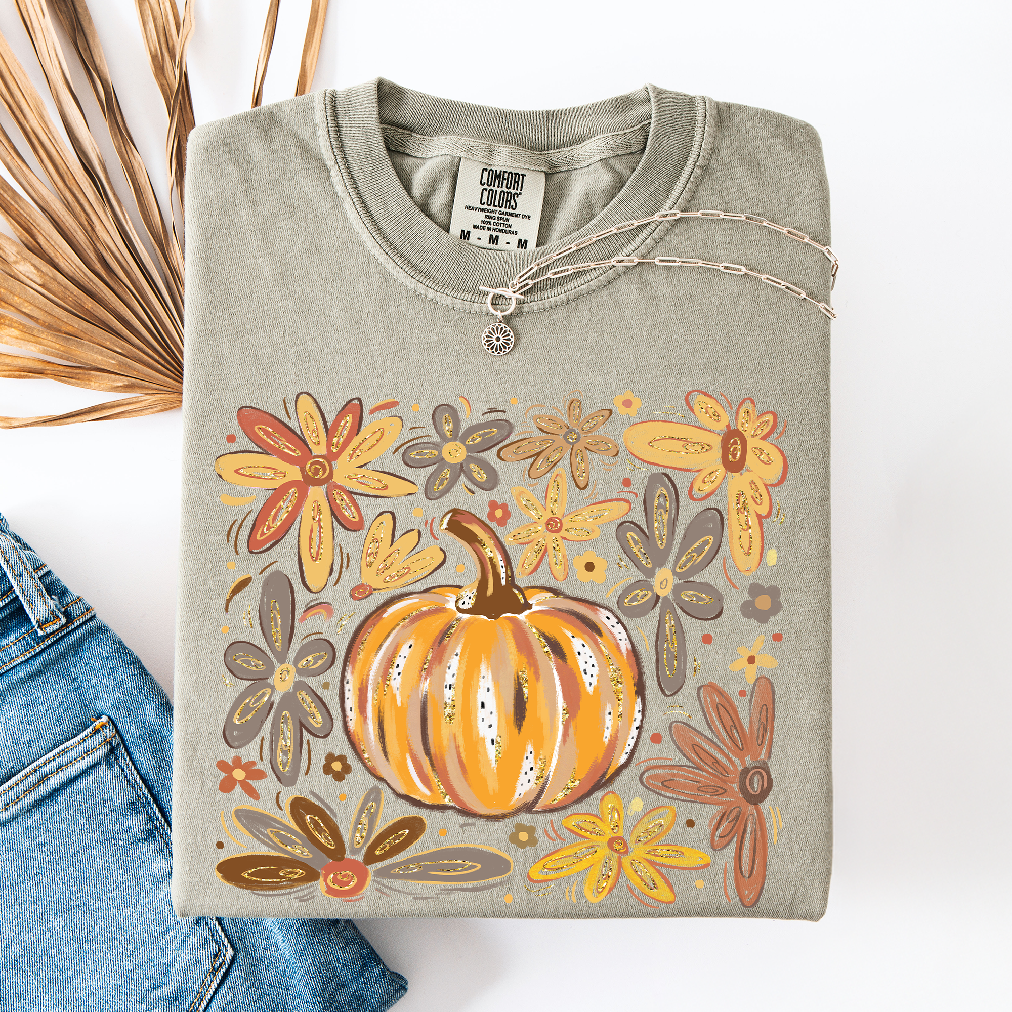 Watercolor Pumpkin Autumn Flowers Comfort Colors Graphic T-Shirt Sandstone