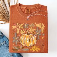 Watercolor Pumpkin Autumn Flowers Comfort Colors Graphic T-Shirt Yam