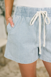 Pinstripe Twill Drawstring Shorts in Light Blue