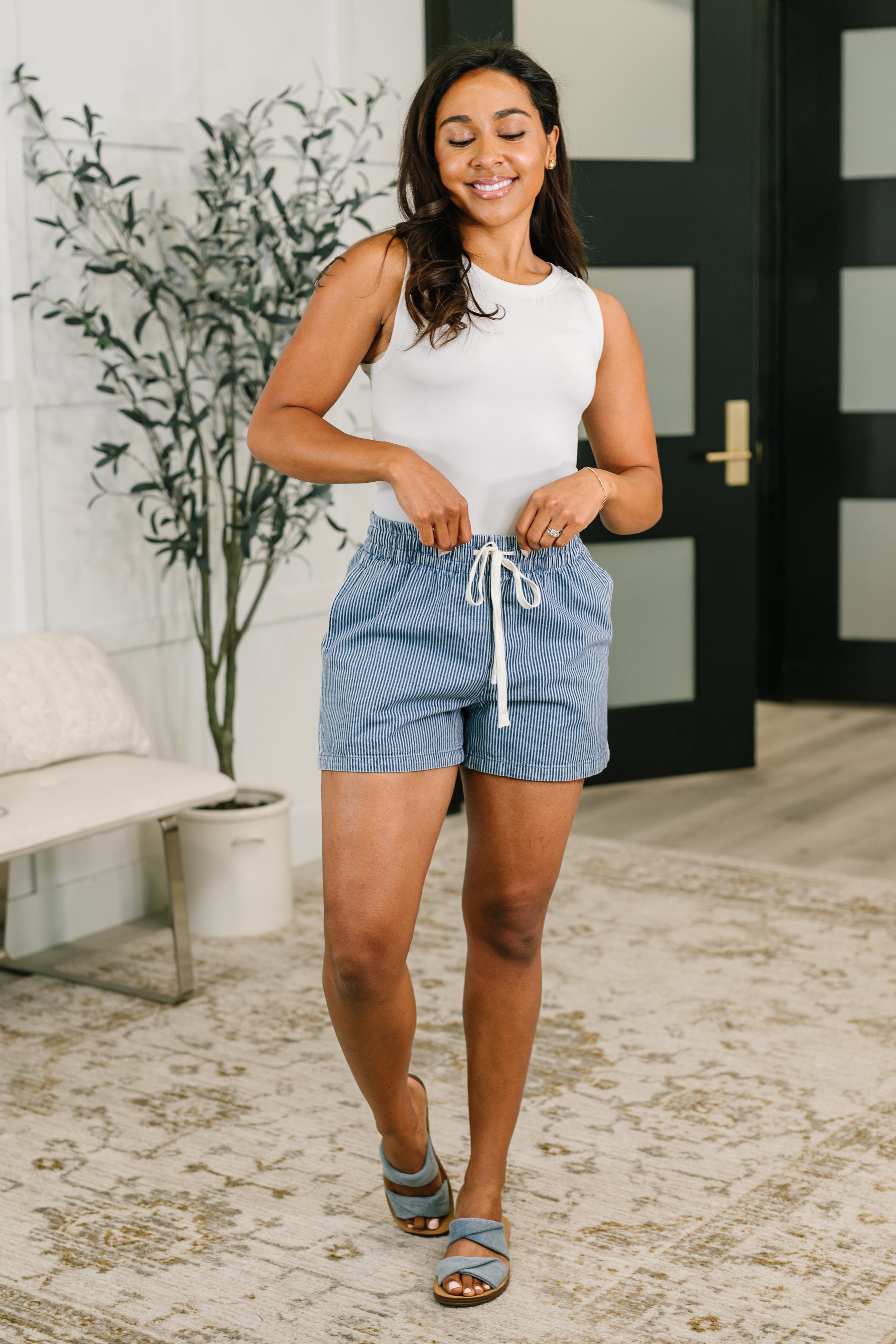 Pinstripe Twill Drawstring Shorts in Dark Blue