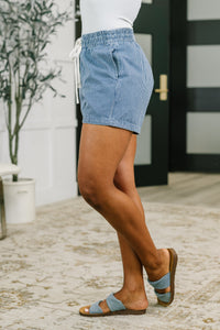 Pinstripe Twill Drawstring Shorts in Dark Blue