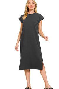 Zenana Round Neck Short Sleeve Midi Dress in Black