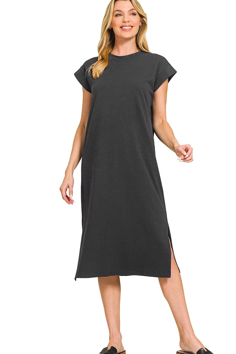 Zenana Round Neck Short Sleeve Midi Dress in Black