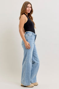 Judy Blue Mid Rise Fold-Over Waistband Retro Wide Leg Jeans