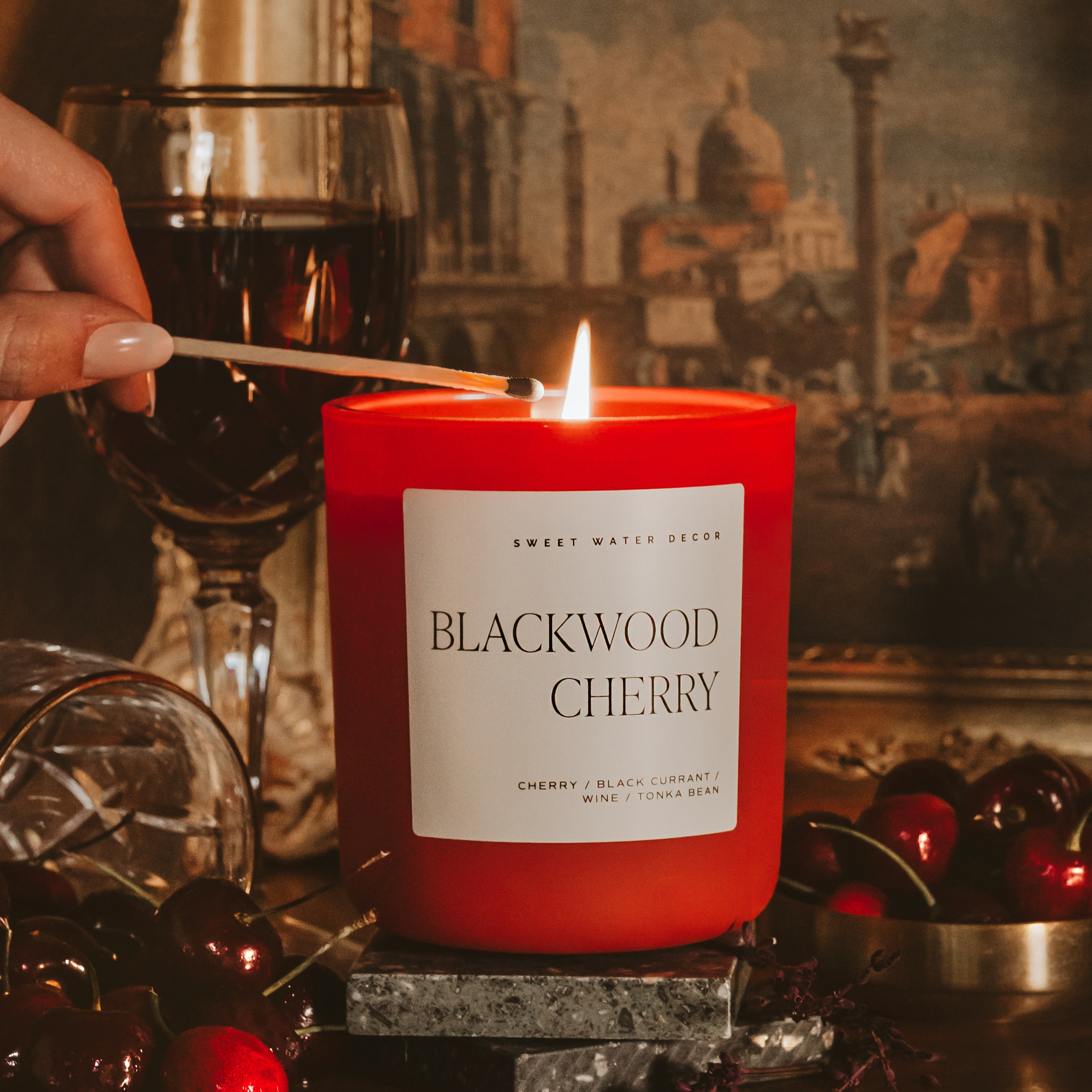 Sweet Water Decor Blackwood Cherry Soy Candle - Red Matte Jar - 15 oz